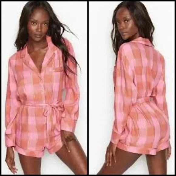 Victoria’s Secret Flannel Tie Romper Cherry Plaid Gold Trim Y2K Loungewear S - Picture 1 of 13